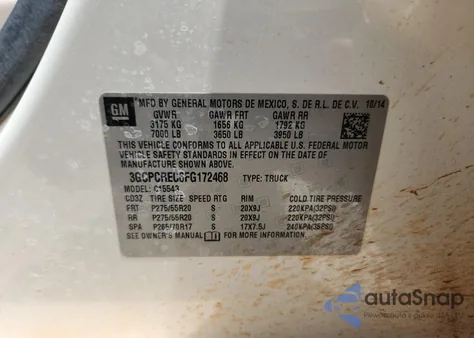 2015 Chevrolet Silverado C1500 Lt z USA, uszkodzony, nr VIN 3GCPCREC6FG172468